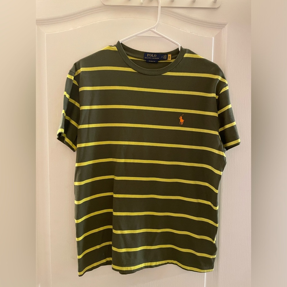 Polo Ralph Lauren Dark Green and Yellow Striped Shirt Small Like New #141